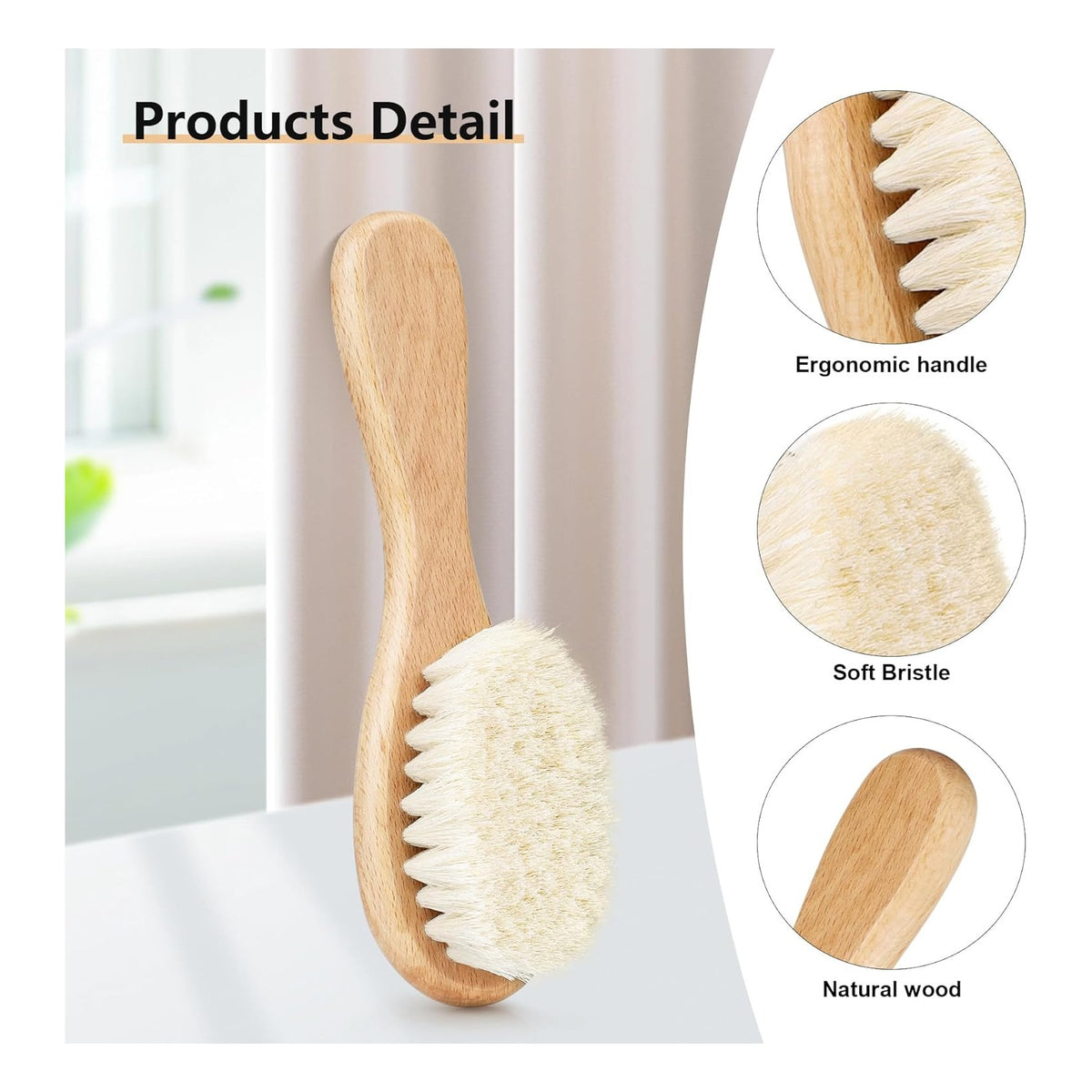 Baby Hair Brush, Wooden Goat Bristles Hair Brush for Newborns & Toddlers, Ideal for Cradle Cap, Perfect Baby Registry Gift, Hypoallergenic, 1 Count