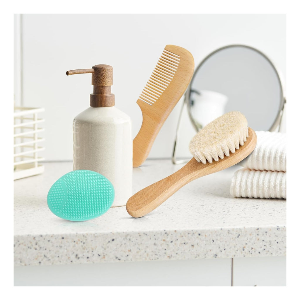 Baby Hair Brush with Wooden Handle and Comb Set for Newborns & Toddlers | Natural Soft Goat Bristles l Wood Comb l Green Cradle Cap Brush | Ideal for Cradle Cap (3 Piece)