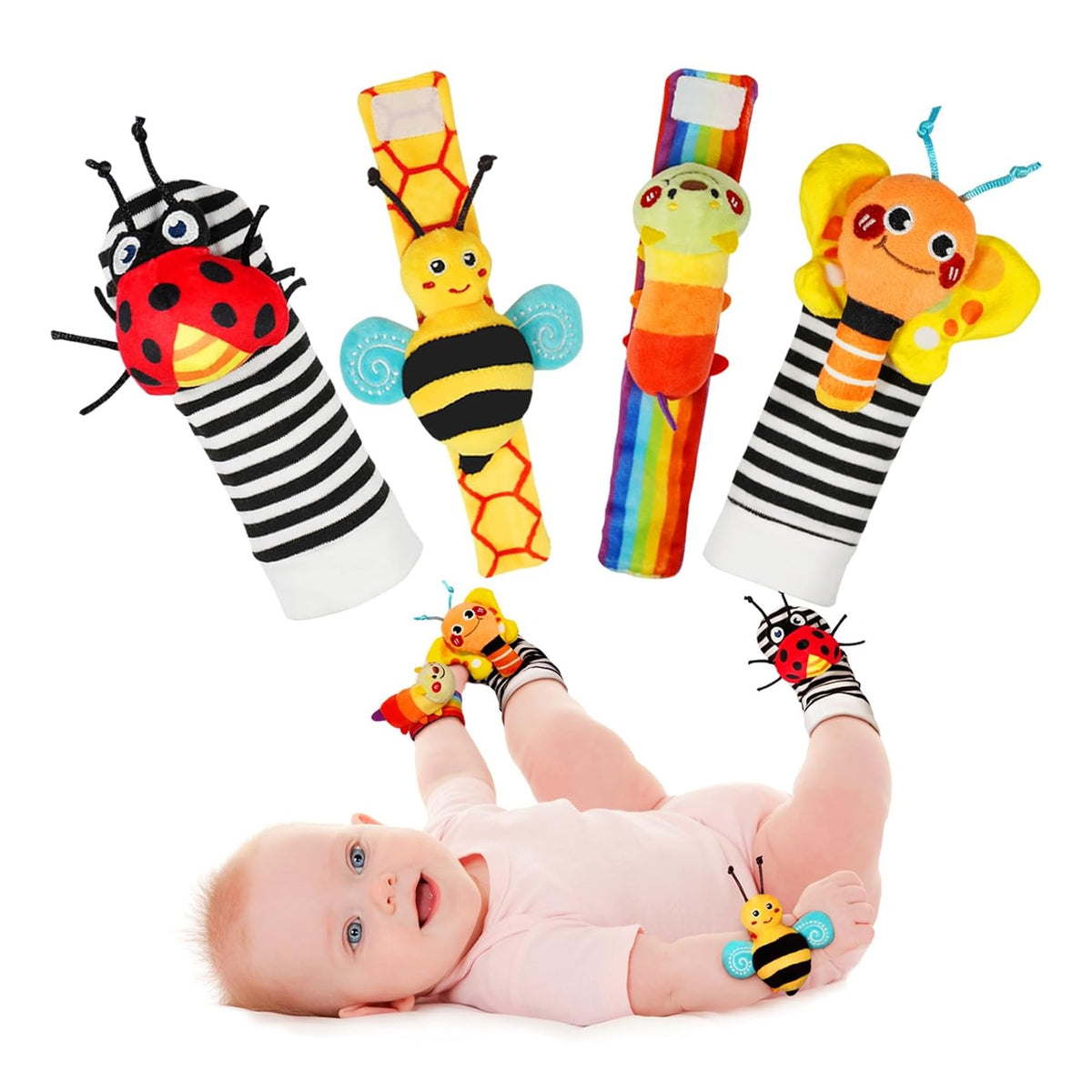 Baby Wrist Rattle Socks and Foot Finder Set, Perfect Baby Toys for 0-12 Months Newborn Boys and Girls As Shower Gifts, Garden Bug Series
