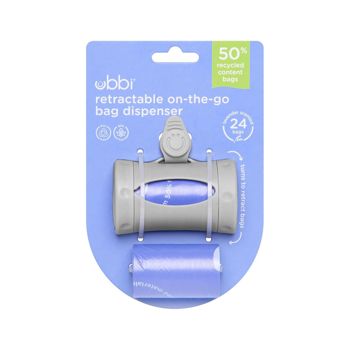 Retractable Bag Dispenser for Diaper Bag, Portable Bag Holder for Travel, Newborn Baby Essentials, Diaper Bag Must Have, Includes 24 Lavender Scented Bags