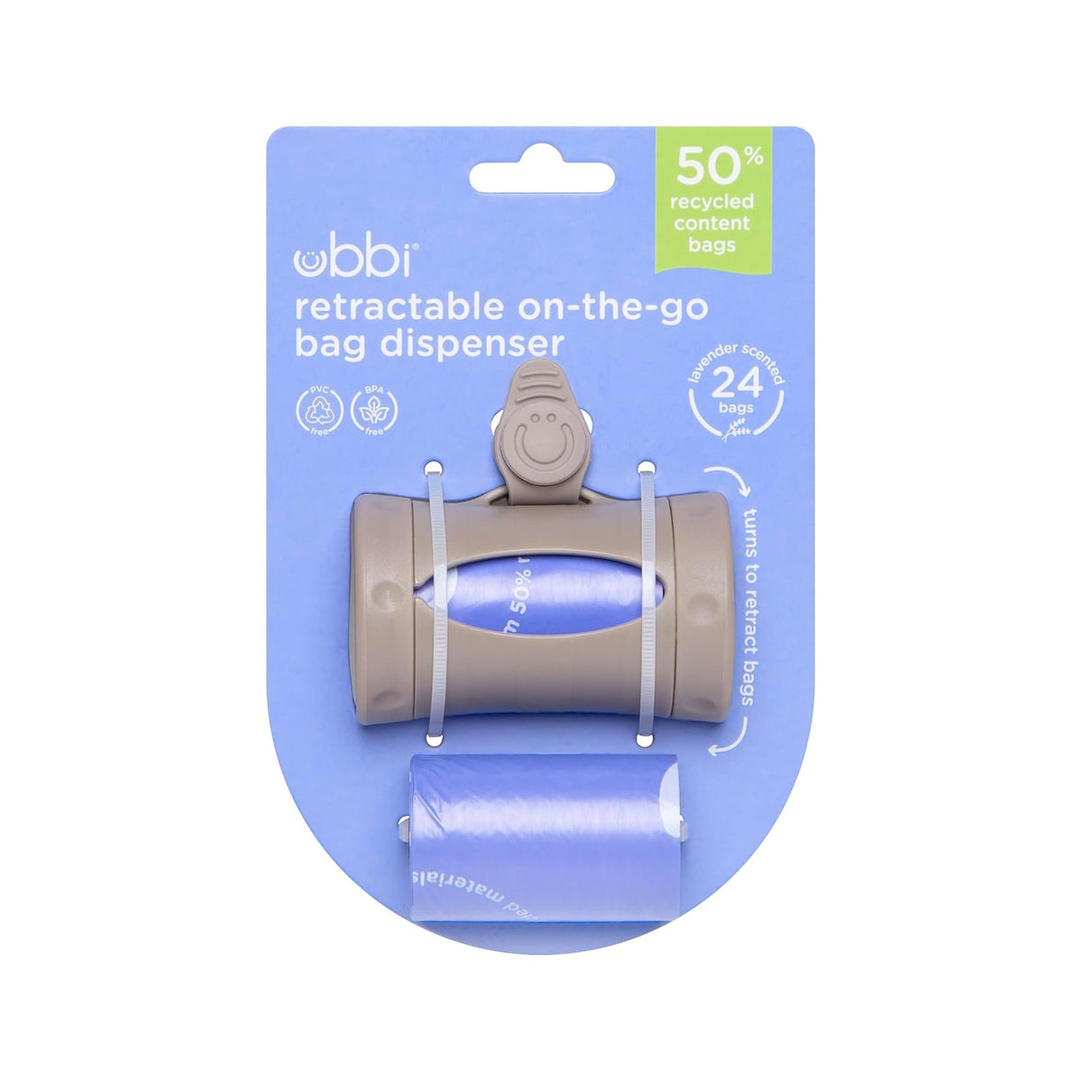 Retractable Bag Dispenser for Diaper Bag, Portable Bag Holder for Travel, Newborn Baby Essentials, Diaper Bag Must Have, Includes 24 Lavender Scented Bags