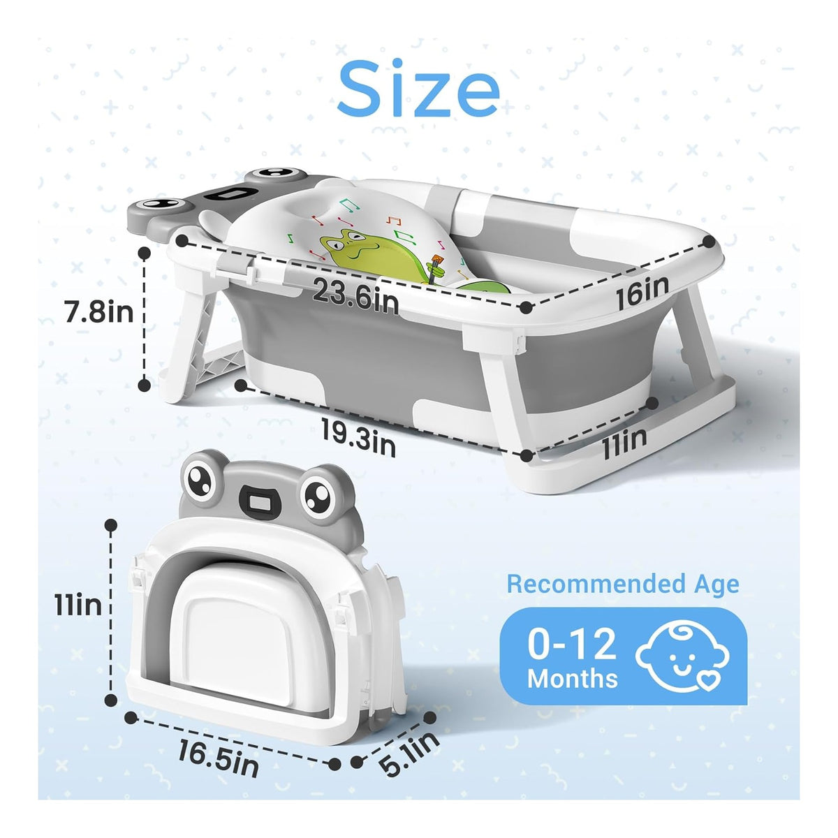 Baby Bathtub, Collapsible Newborn Bathtub for Infant to Toddler with Soft Cushion and Thermometer,Portable Travel Newborn Tub with No-Slip Feet, Baby Shower Gifts, 0-12 Months Baby Bath