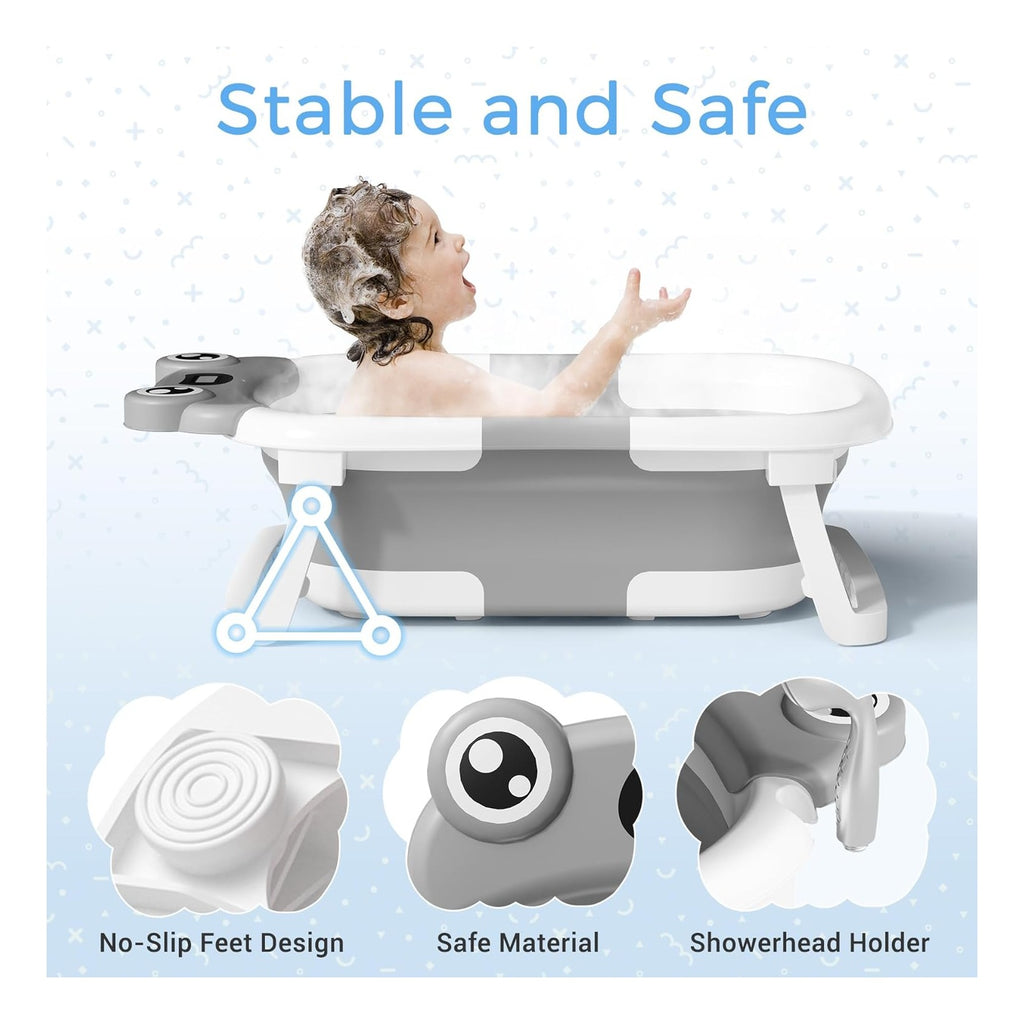 Baby Bathtub, Collapsible Newborn Bathtub for Infant to Toddler with Soft Cushion and Thermometer,Portable Travel Newborn Tub with No-Slip Feet, Baby Shower Gifts, 0-12 Months Baby Bath