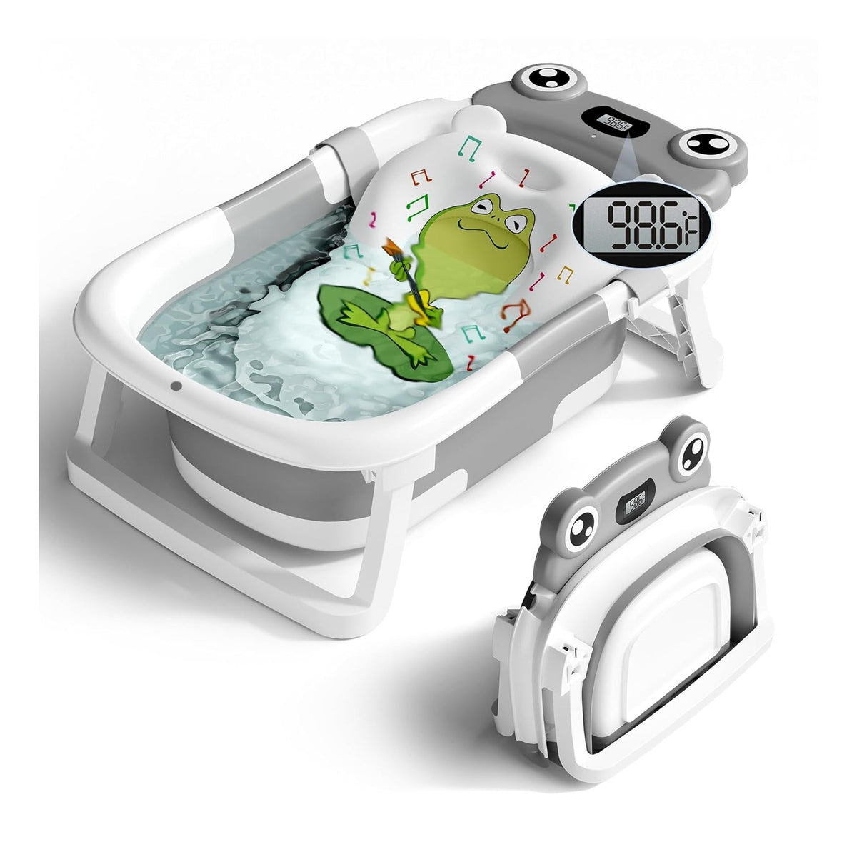 Baby Bathtub, Collapsible Newborn Bathtub for Infant to Toddler with Soft Cushion and Thermometer,Portable Travel Newborn Tub with No-Slip Feet, Baby Shower Gifts, 0-12 Months Baby Bath