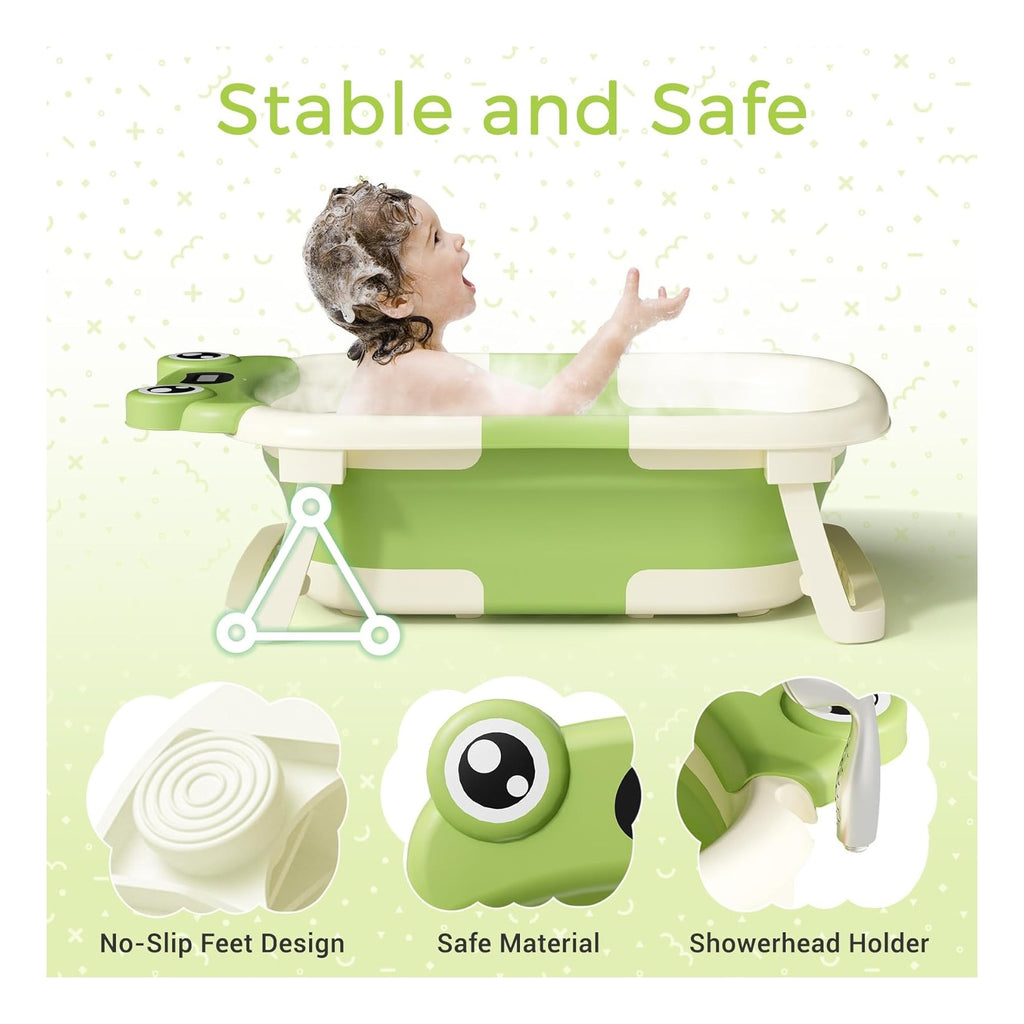 Baby Bathtub, Collapsible Newborn Bathtub for Infant to Toddler with Soft Cushion and Thermometer,Portable Travel Newborn Tub with No-Slip Feet, Baby Shower Gifts, 0-12 Months Baby Bath
