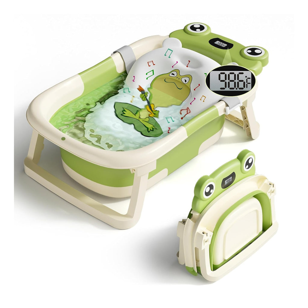 Baby Bathtub, Collapsible Newborn Bathtub for Infant to Toddler with Soft Cushion and Thermometer,Portable Travel Newborn Tub with No-Slip Feet, Baby Shower Gifts, 0-12 Months Baby Bath