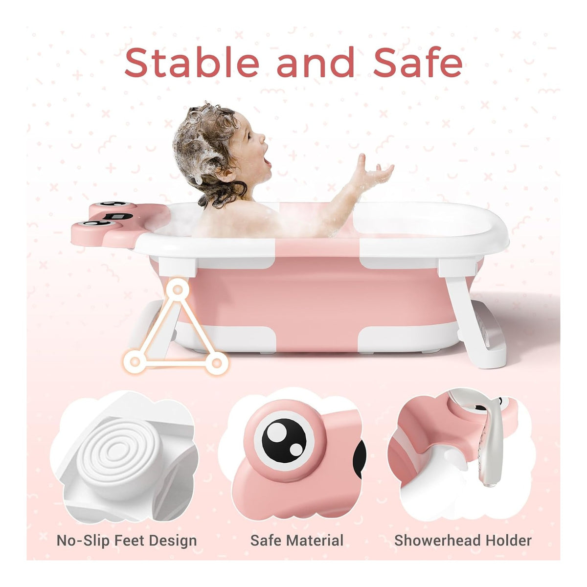 Baby Bathtub, Collapsible Newborn Bathtub for Infant to Toddler with Soft Cushion and Thermometer,Portable Travel Newborn Tub with No-Slip Feet, Baby Shower Gifts, 0-12 Months Baby Bath