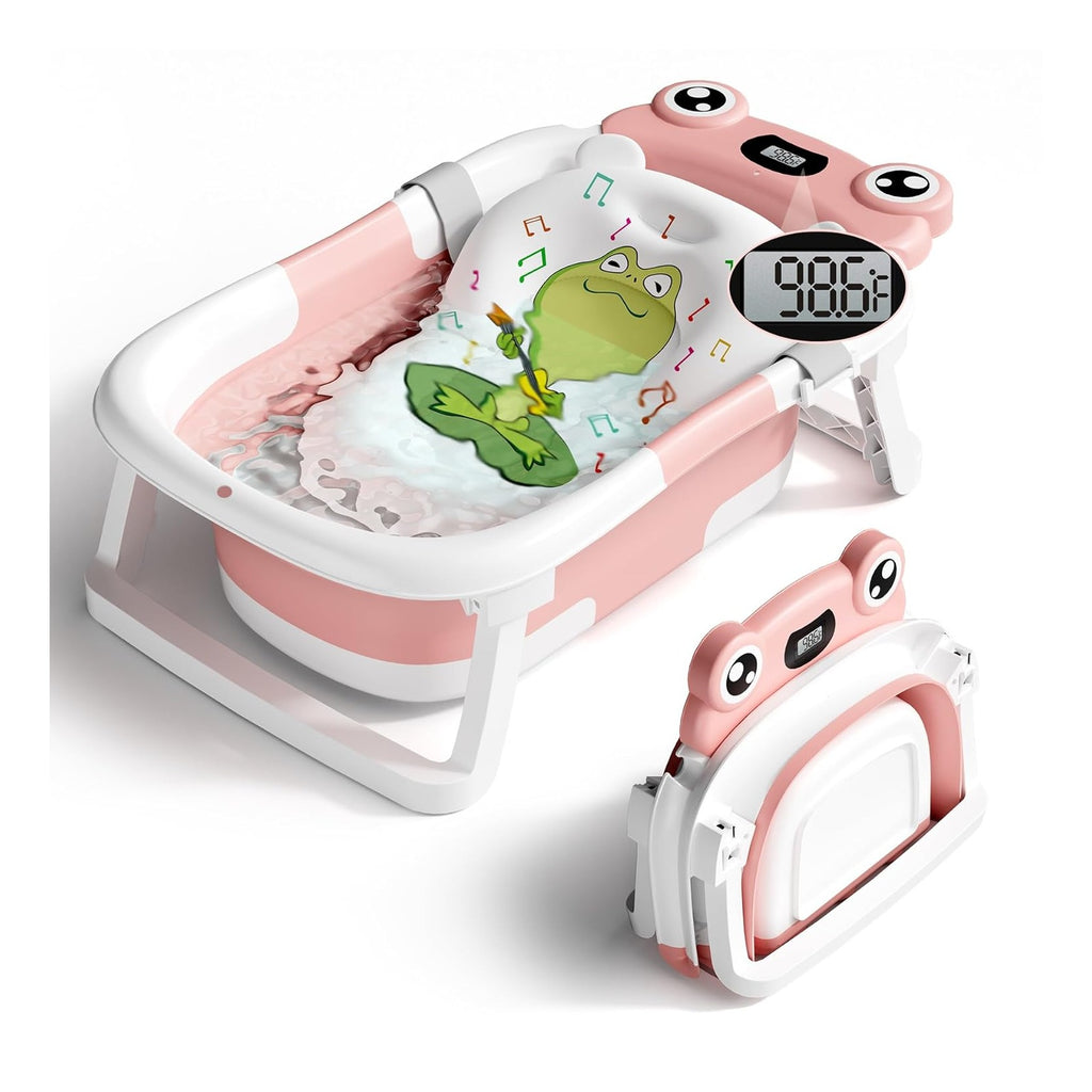 Baby Bathtub, Collapsible Newborn Bathtub for Infant to Toddler with Soft Cushion and Thermometer,Portable Travel Newborn Tub with No-Slip Feet, Baby Shower Gifts, 0-12 Months Baby Bath