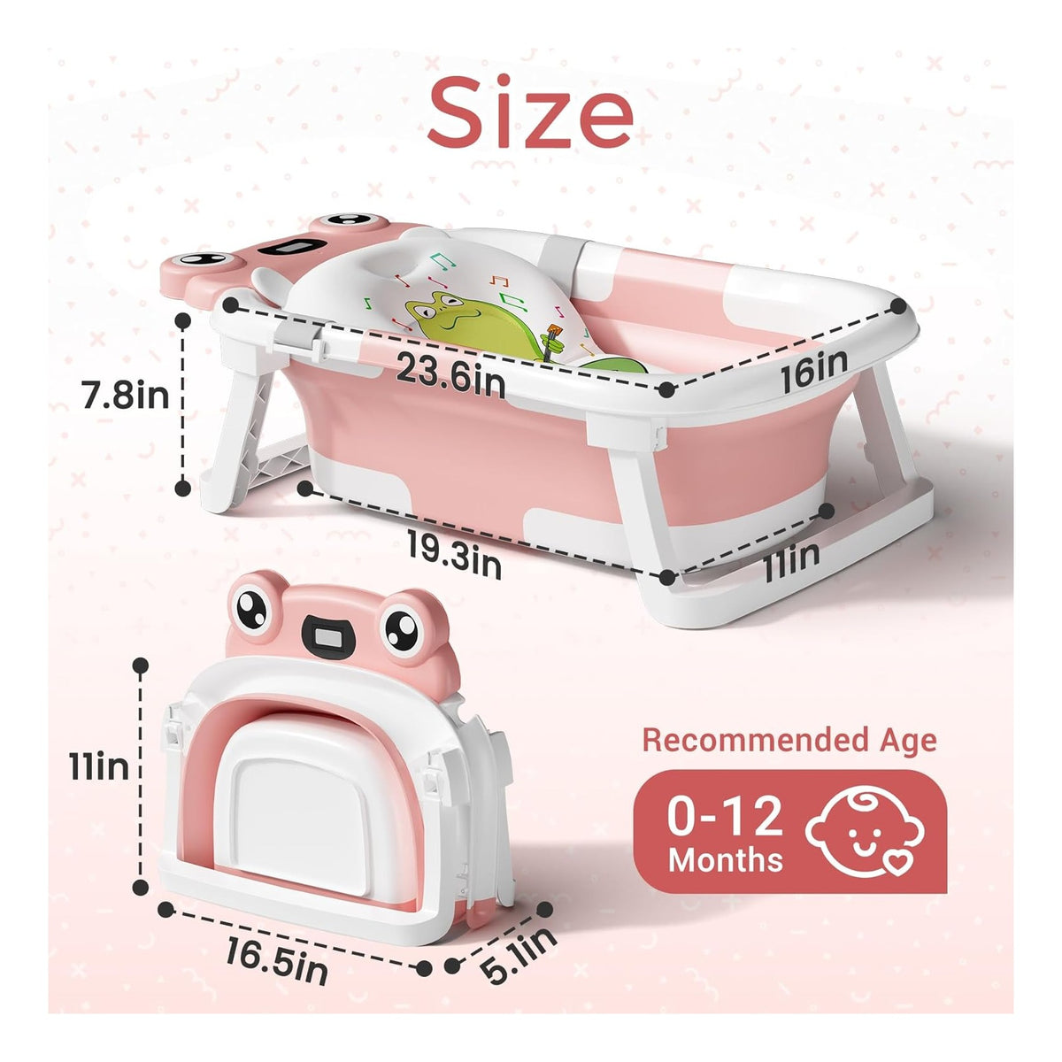 Baby Bathtub, Collapsible Newborn Bathtub for Infant to Toddler with Soft Cushion and Thermometer,Portable Travel Newborn Tub with No-Slip Feet, Baby Shower Gifts, 0-12 Months Baby Bath