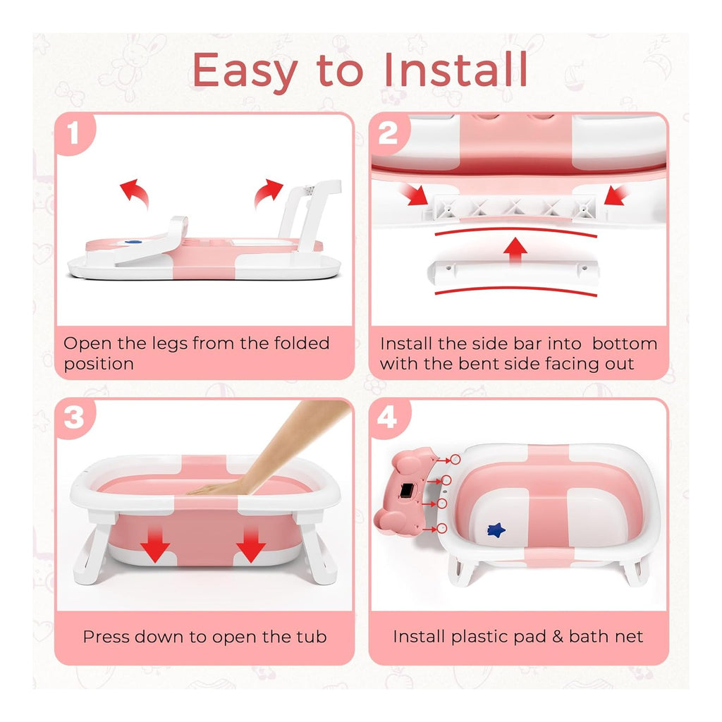 Baby Bathtub, Collapsible Newborn Bathtub for Infant to Toddler with Soft Cushion and Thermometer,Portable Travel Newborn Tub with No-Slip Feet, Baby Shower Gifts, 0-12 Months Baby Bath
