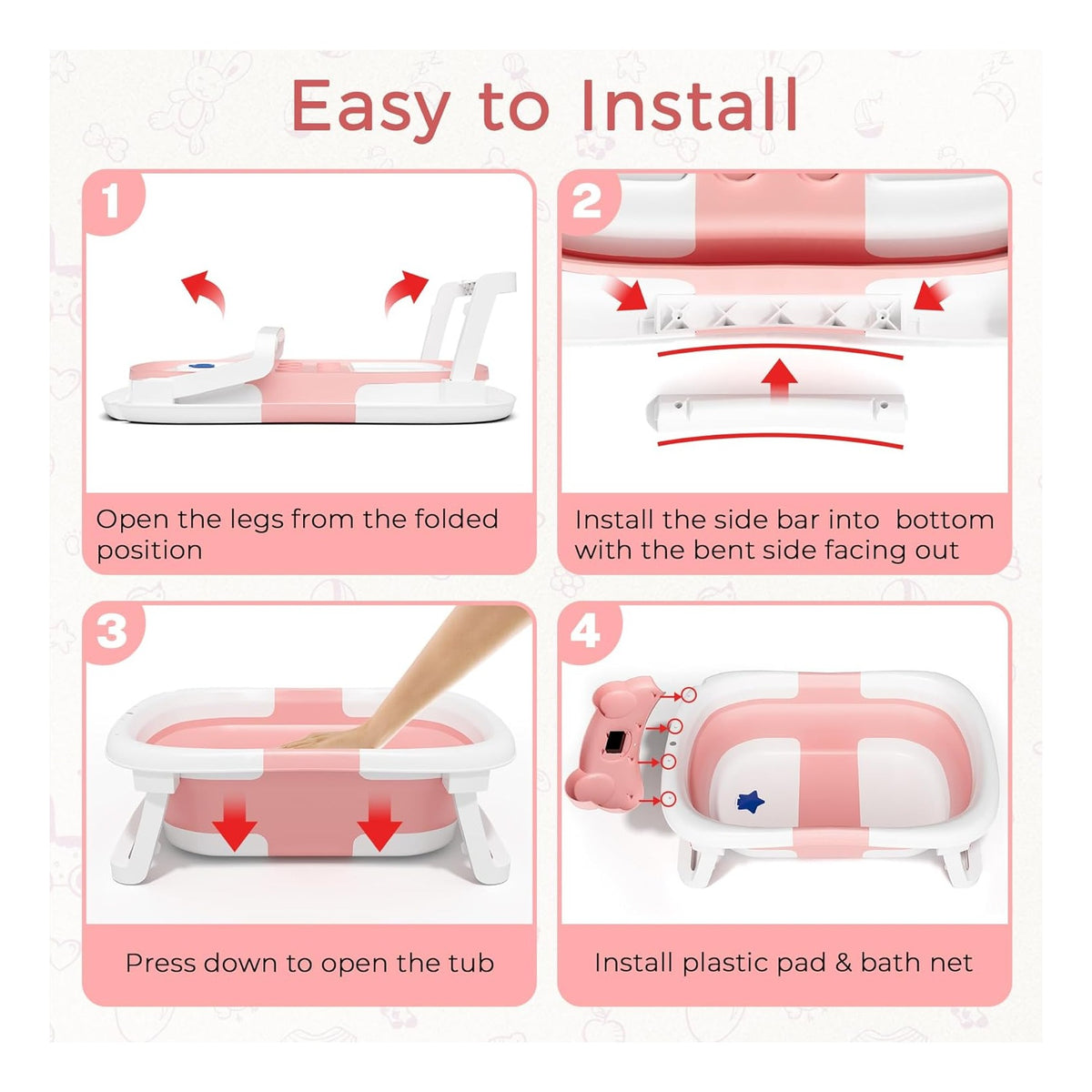 Baby Bathtub, Collapsible Newborn Bathtub for Infant to Toddler with Soft Cushion and Thermometer,Portable Travel Newborn Tub with No-Slip Feet, Baby Shower Gifts, 0-12 Months Baby Bath