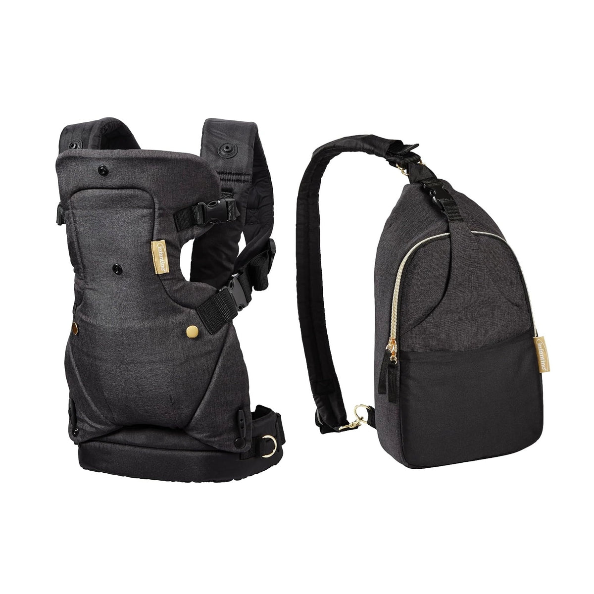 Flip 4-in-1 Convertible Baby Carrier & Crossbody Diaper Bag - Grow-with-Me Carrier with Attachable Crossbody Diaper Bag, Black and Gold, 2-Piece Set