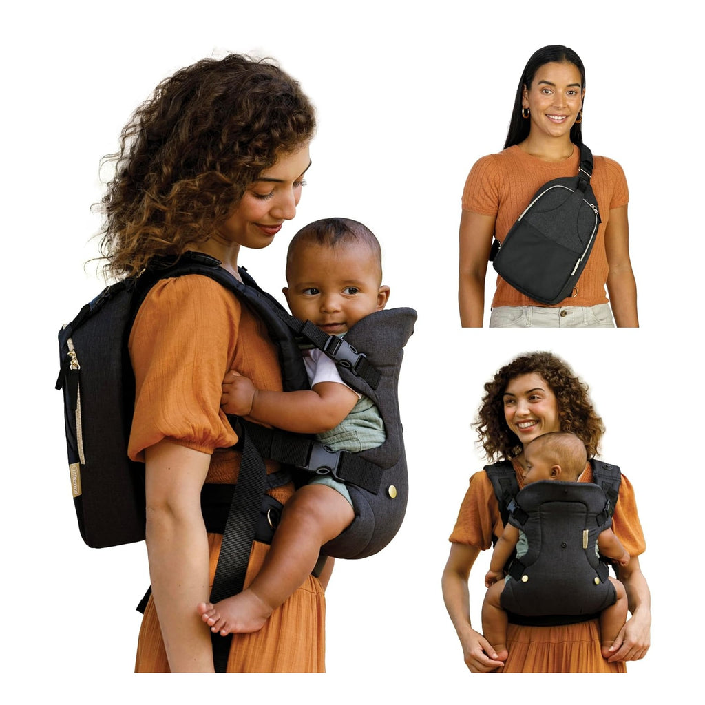 Flip 4-in-1 Convertible Baby Carrier & Crossbody Diaper Bag - Grow-with-Me Carrier with Attachable Crossbody Diaper Bag, Black and Gold, 2-Piece Set