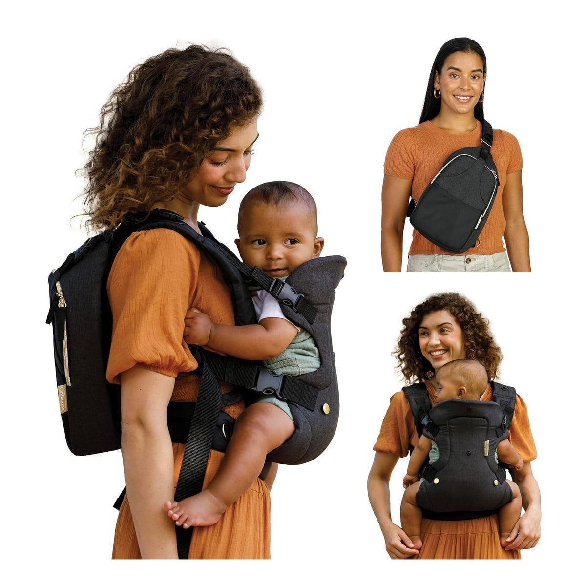 Flip 4-in-1 Convertible Baby Carrier & Crossbody Diaper Bag - Grow-with-Me Carrier with Attachable Crossbody Diaper Bag, Black and Gold, 2-Piece Set