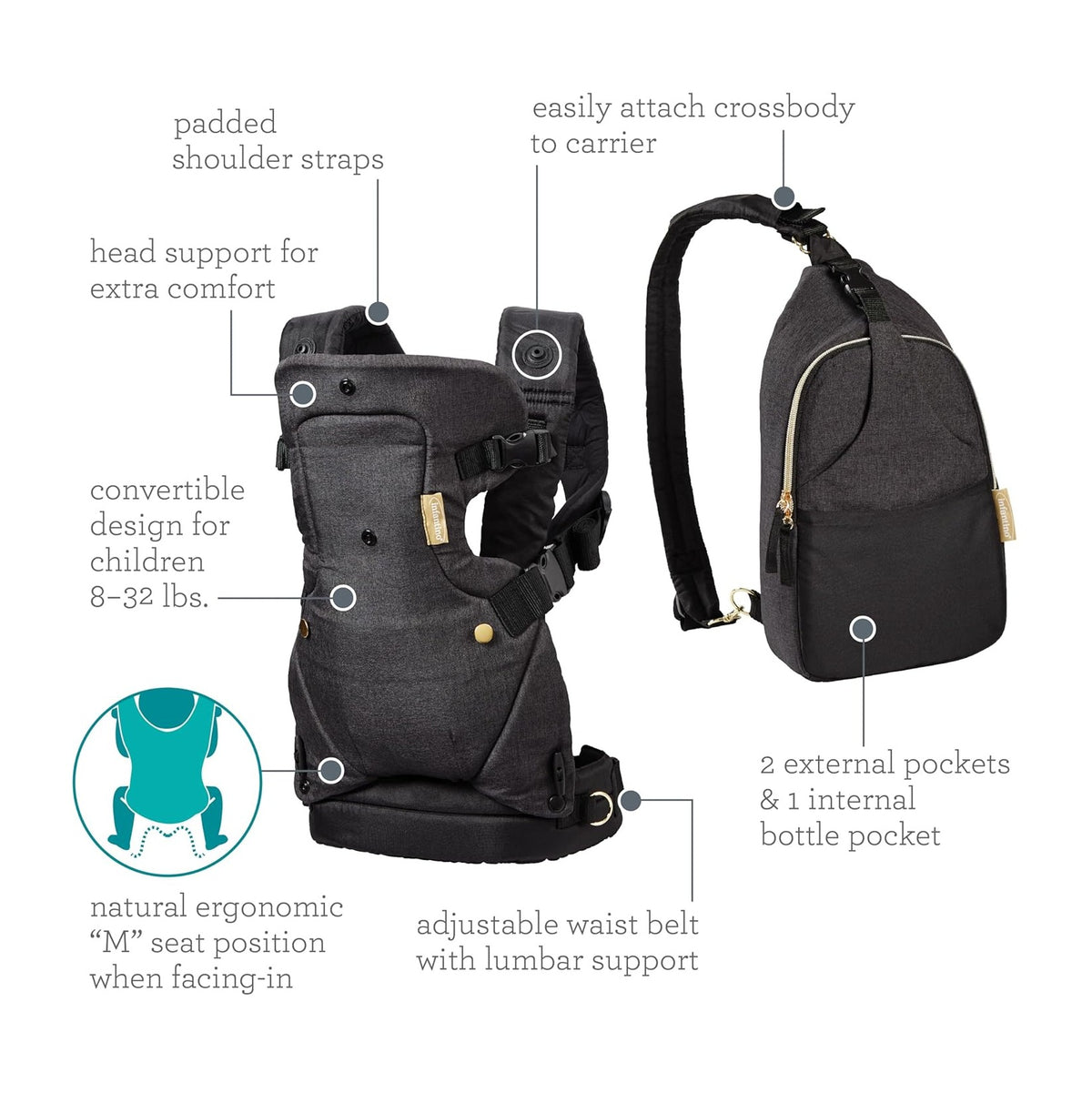 Flip 4-in-1 Convertible Baby Carrier & Crossbody Diaper Bag - Grow-with-Me Carrier with Attachable Crossbody Diaper Bag, Black and Gold, 2-Piece Set