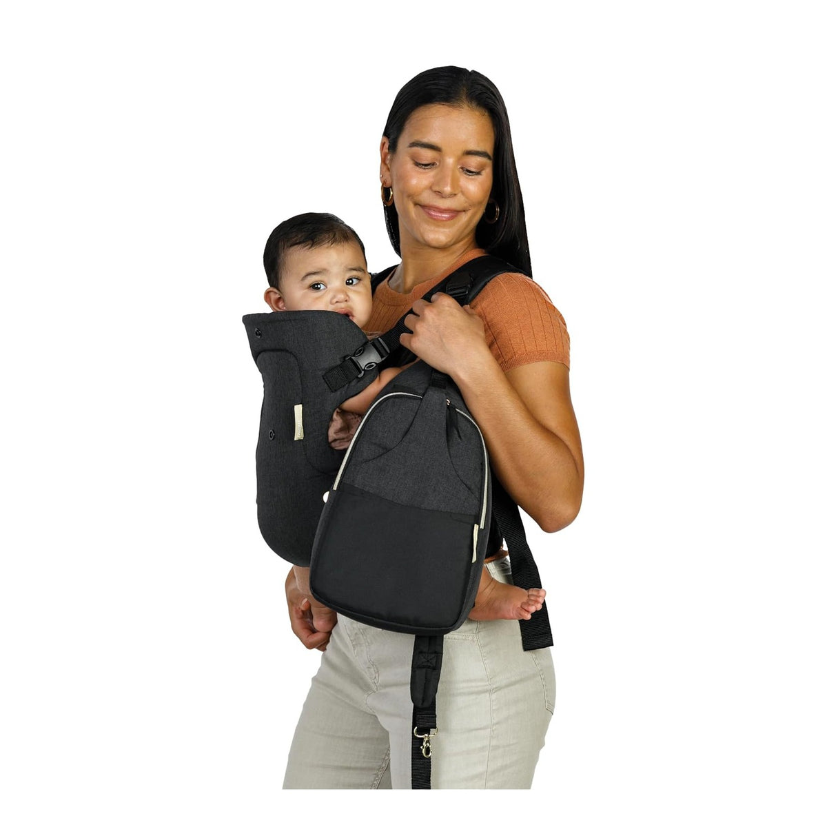 Flip 4-in-1 Convertible Baby Carrier & Crossbody Diaper Bag - Grow-with-Me Carrier with Attachable Crossbody Diaper Bag, Black and Gold, 2-Piece Set