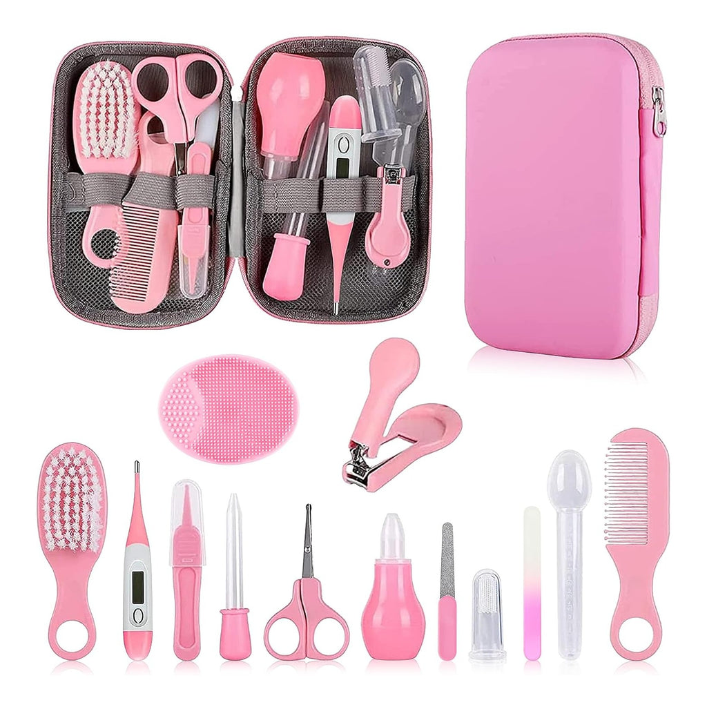 Baby Grooming Kit, Infant Safety Care Set with Hair Brush Comb Nail Clipper Nasal Aspirator,Baby Essentials Kit for Newborn Girls Boys (Pink Baby Grooming kit)