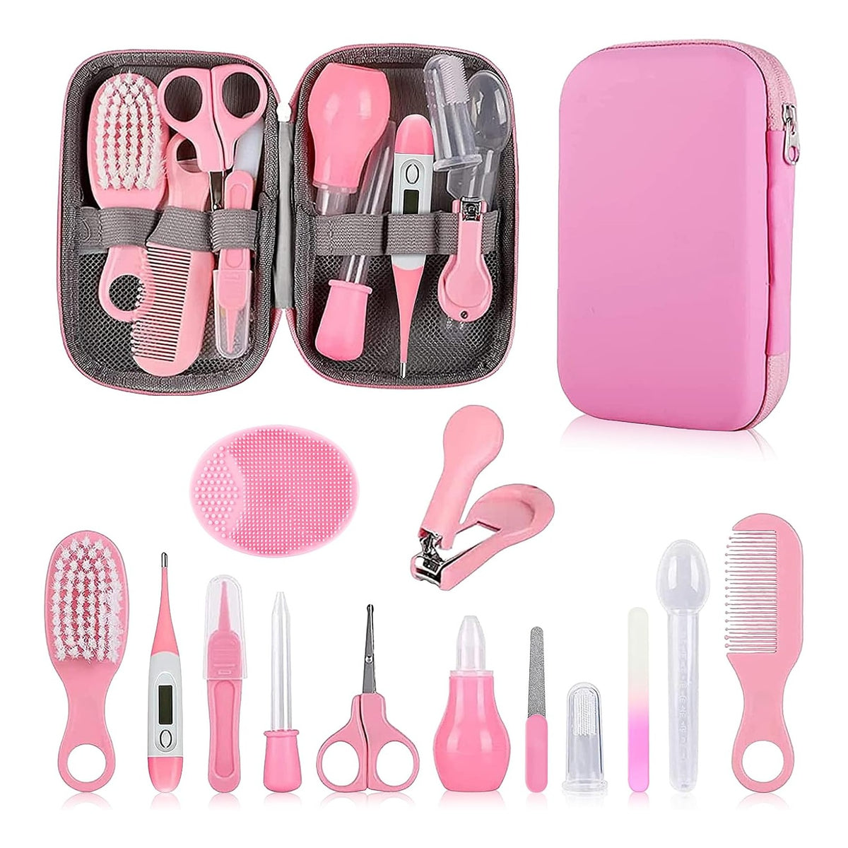 Baby Grooming Kit, Infant Safety Care Set with Hair Brush Comb Nail Clipper Nasal Aspirator,Baby Essentials Kit for Newborn Girls Boys (Pink Baby Grooming kit)