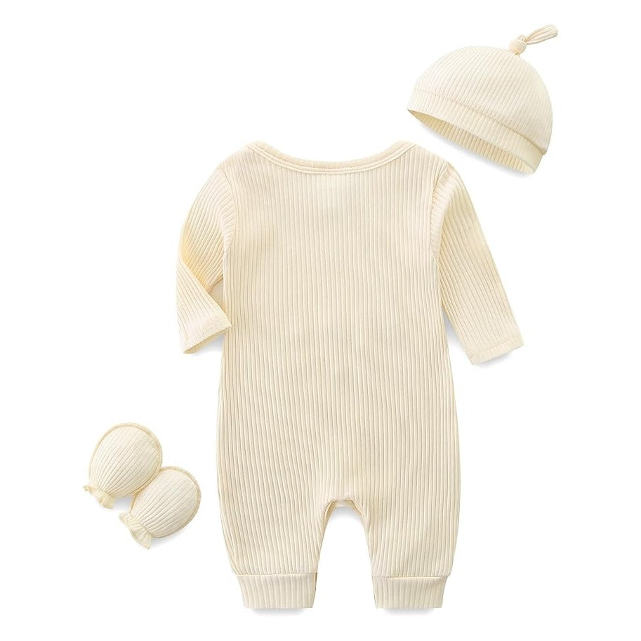 Baby Romper with Baby Mittens & Newborn Hats Footless Long Sleeve Solid Onesie Hi Im New Here