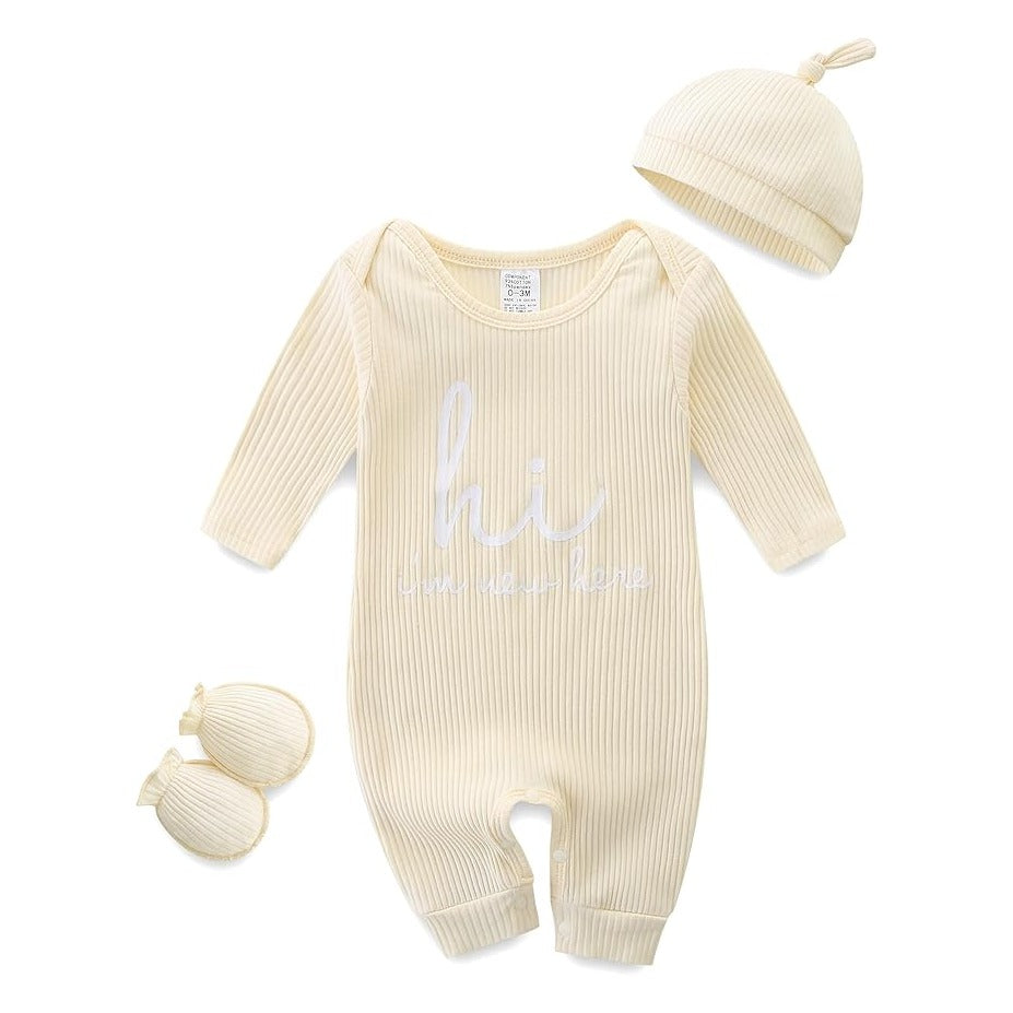 Baby Romper with Baby Mittens & Newborn Hats Footless Long Sleeve Solid Onesie Hi Im New Here