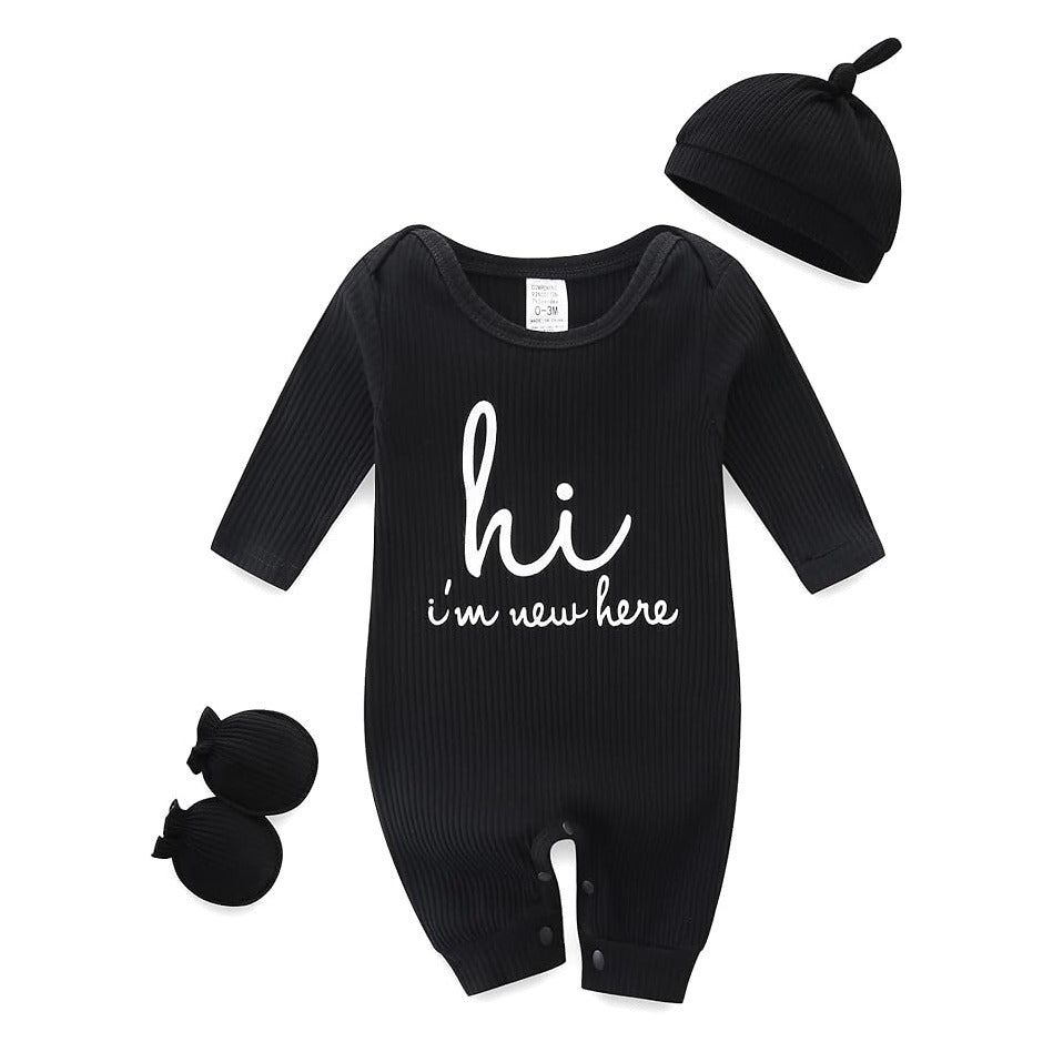 Baby Romper with Baby Mittens & Newborn Hats Footless Long Sleeve Solid Onesie Hi Im New Here