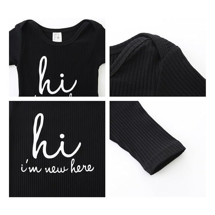 Baby Romper with Baby Mittens & Newborn Hats Footless Long Sleeve Solid Onesie Hi Im New Here