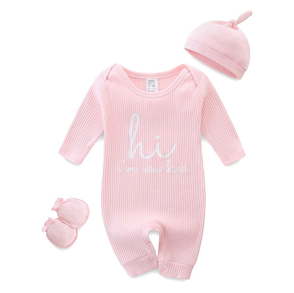 Baby Romper with Baby Mittens & Newborn Hats Footless Long Sleeve Solid Onesie Hi Im New Here