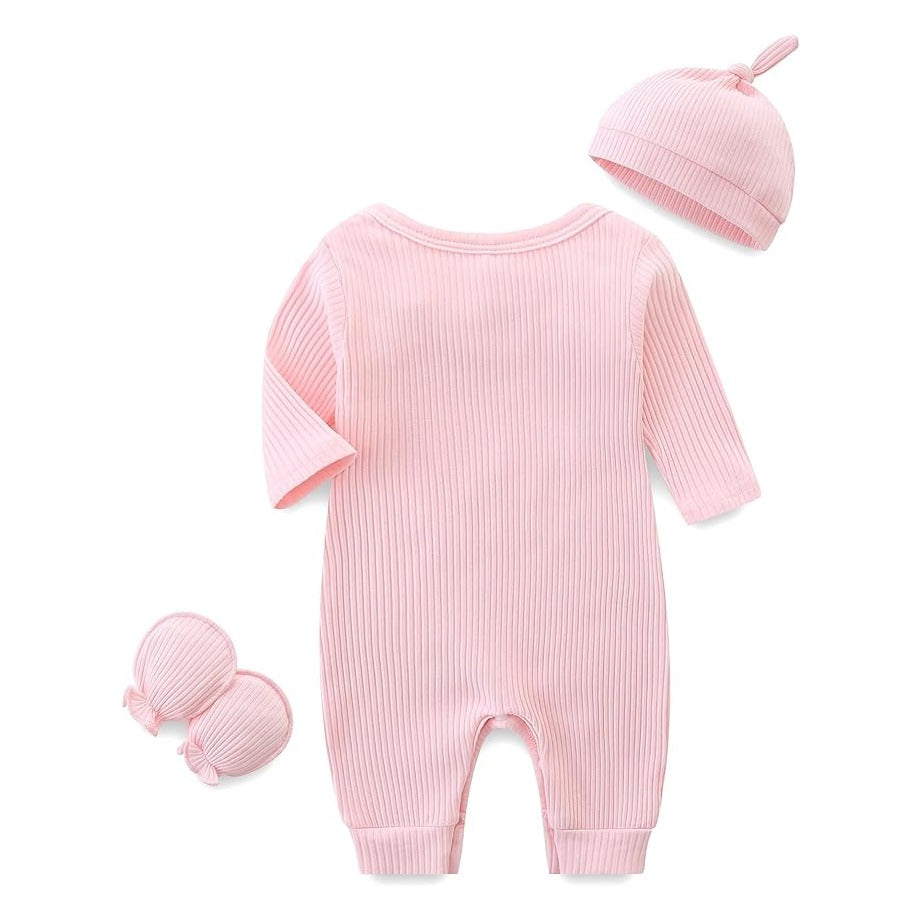 Baby Romper with Baby Mittens & Newborn Hats Footless Long Sleeve Solid Onesie Hi Im New Here