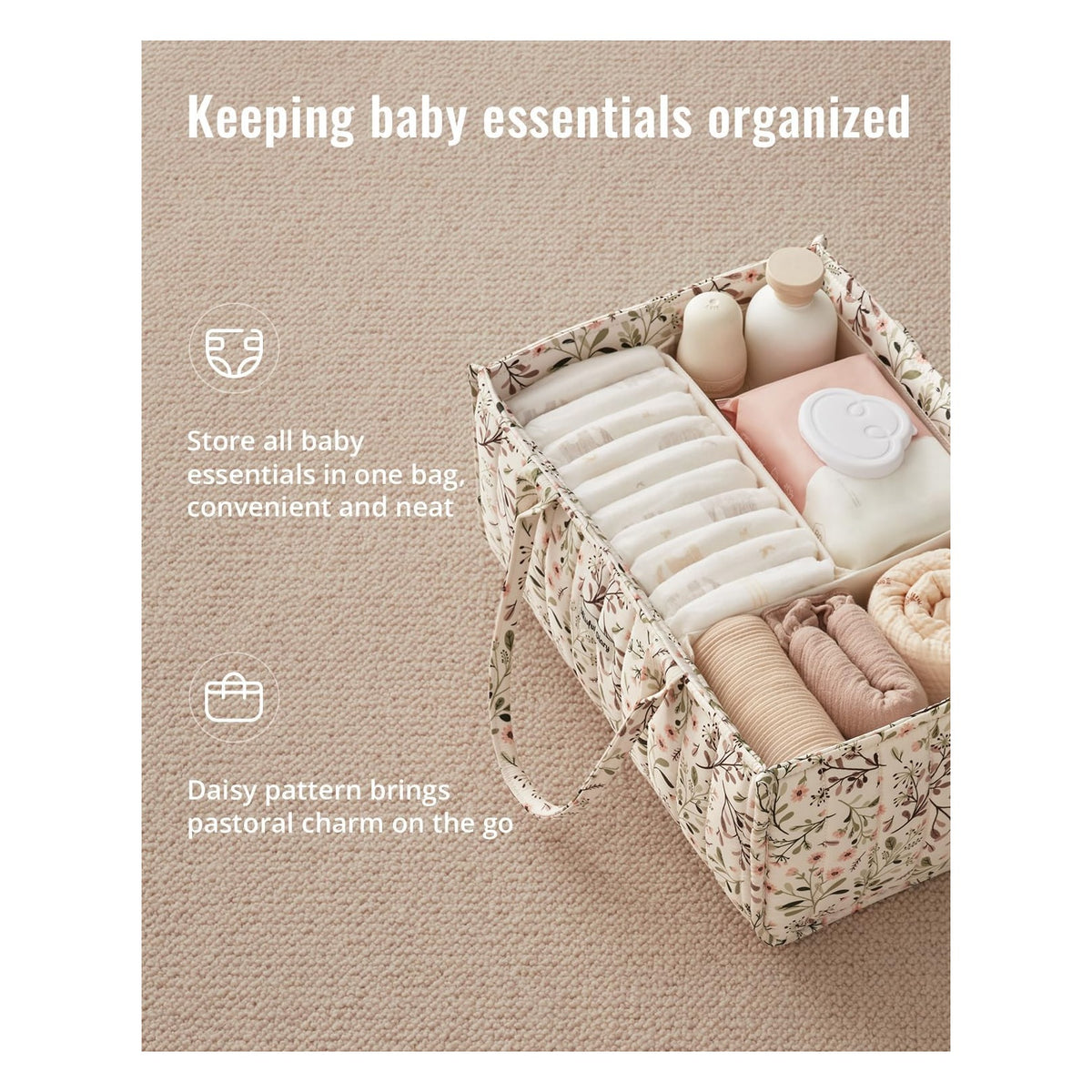 Floral Diaper Caddy Organizer, Stylish Nursery Storage Basket, Diaper Bag,Gift for Baby Shower, Baby Registry Must Have, Newborn Essentials, Pastoral Daisy
