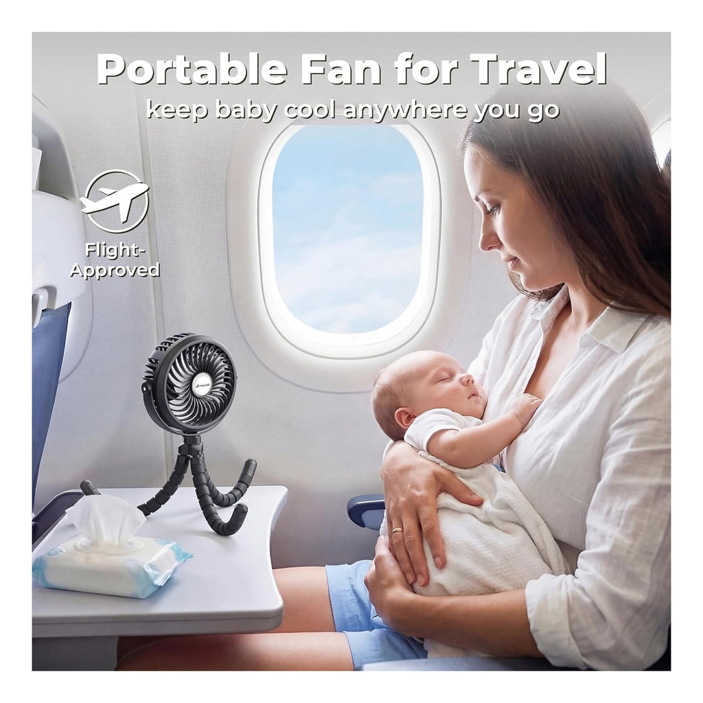 Battery Operated Stroller Fan, Baby Travel Essentials for Beach Disney, Newborn Boy & Girl Showers Gifts Registry Search, Rechargeable Clip On Fan for Car Seat Wagon Crib Bike Treadmill