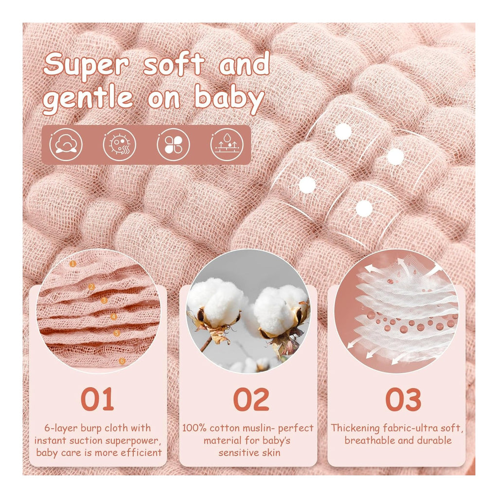 Muslin Burp Cloths Baby Girl 6 Pack - 20" x 10" - Ultra Soft & Absorbent, 6-Layer 100% Cotton for Spit Up & Drool- Gentle Baby Burping Cloth, Newborn Essentials Shower Gift Girl, Gradient Pink