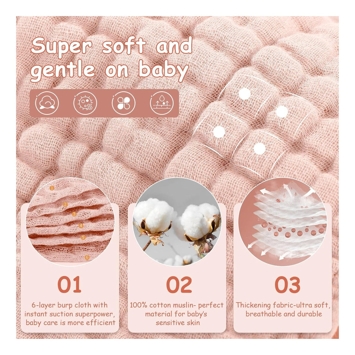 Muslin Burp Cloths Baby Girl 6 Pack - 20" x 10" - Ultra Soft & Absorbent, 6-Layer 100% Cotton for Spit Up & Drool- Gentle Baby Burping Cloth, Newborn Essentials Shower Gift Girl, Gradient Pink