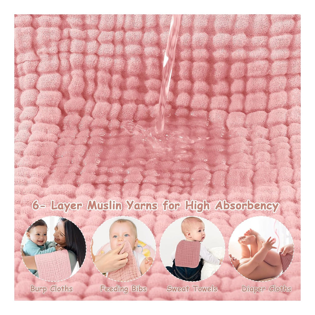 Muslin Burp Cloths Baby Girl 6 Pack - 20" x 10" - Ultra Soft & Absorbent, 6-Layer 100% Cotton for Spit Up & Drool- Gentle Baby Burping Cloth, Newborn Essentials Shower Gift Girl, Gradient Pink