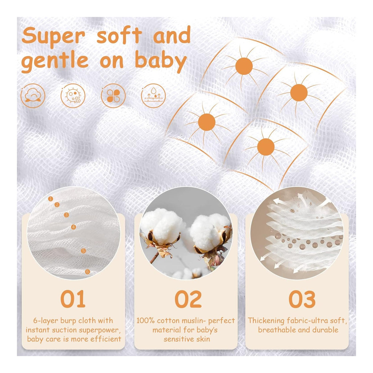 Muslin Burp Cloths Baby Girl 6 Pack - 20" x 10" - Ultra Soft & Absorbent, 6-Layer 100% Cotton for Spit Up & Drool- Gentle Baby Burping Cloth, Newborn Essentials Shower Gift Girl, White