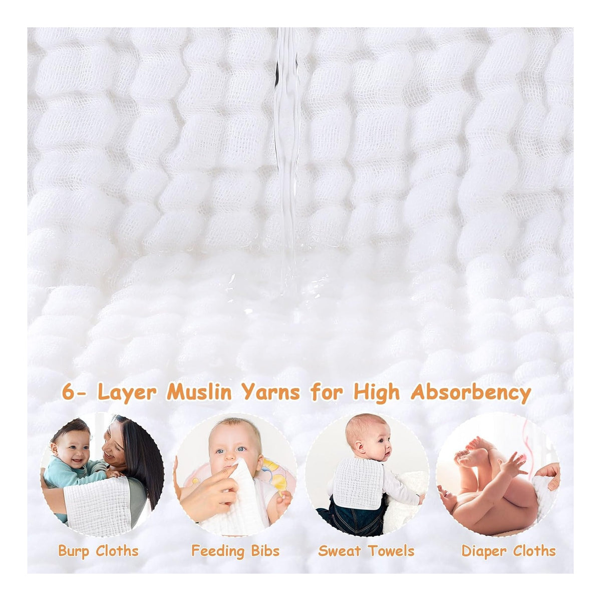 Muslin Burp Cloths Baby Girl 6 Pack - 20" x 10" - Ultra Soft & Absorbent, 6-Layer 100% Cotton for Spit Up & Drool- Gentle Baby Burping Cloth, Newborn Essentials Shower Gift Girl, White