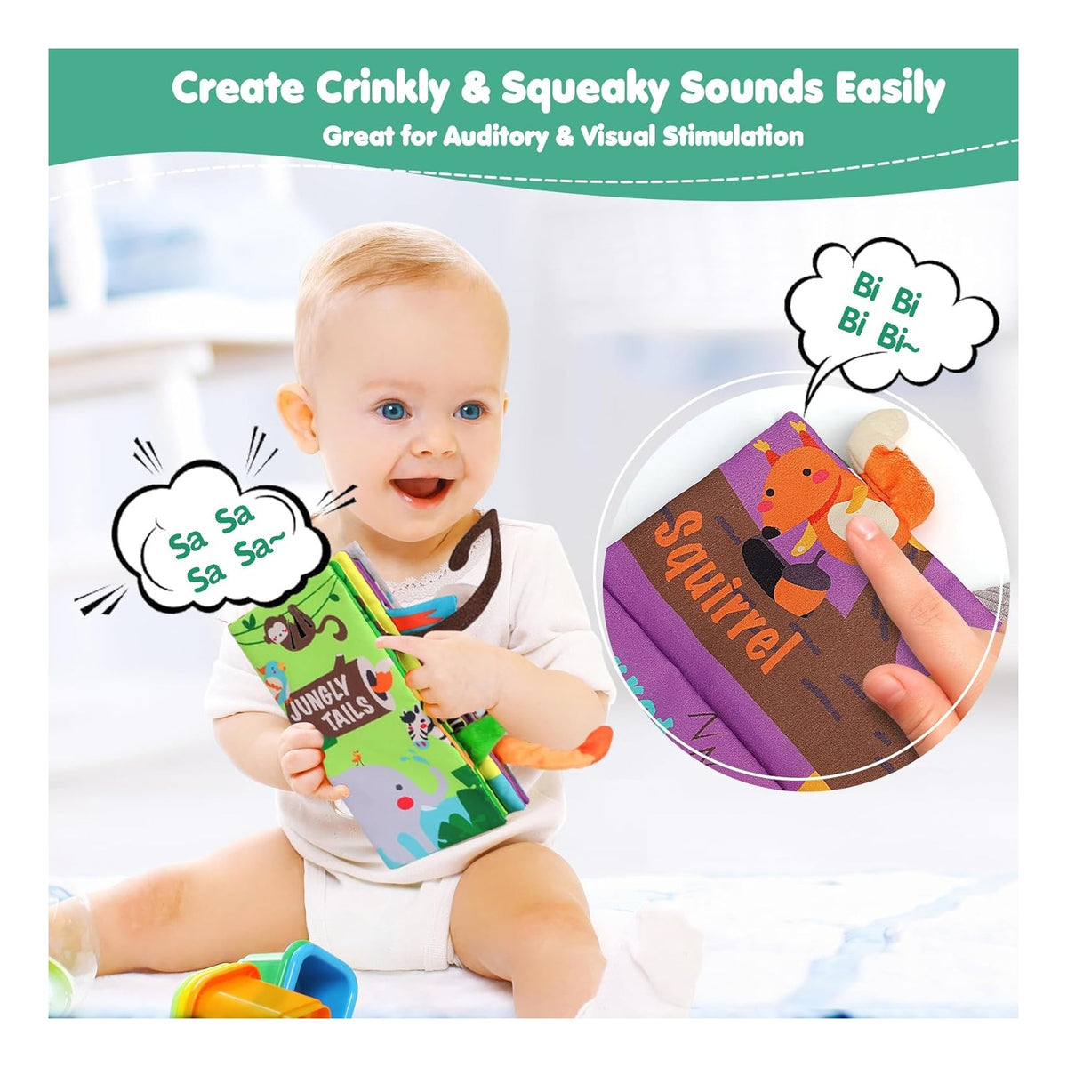 Baby Books Toys, Touch and Feel Crinkle Cloth Book for Infant Baby 0-3-6-12-18 Months, Early Development Interactive Stroller Soft Toys, Newborn Gifts for Boys Girls