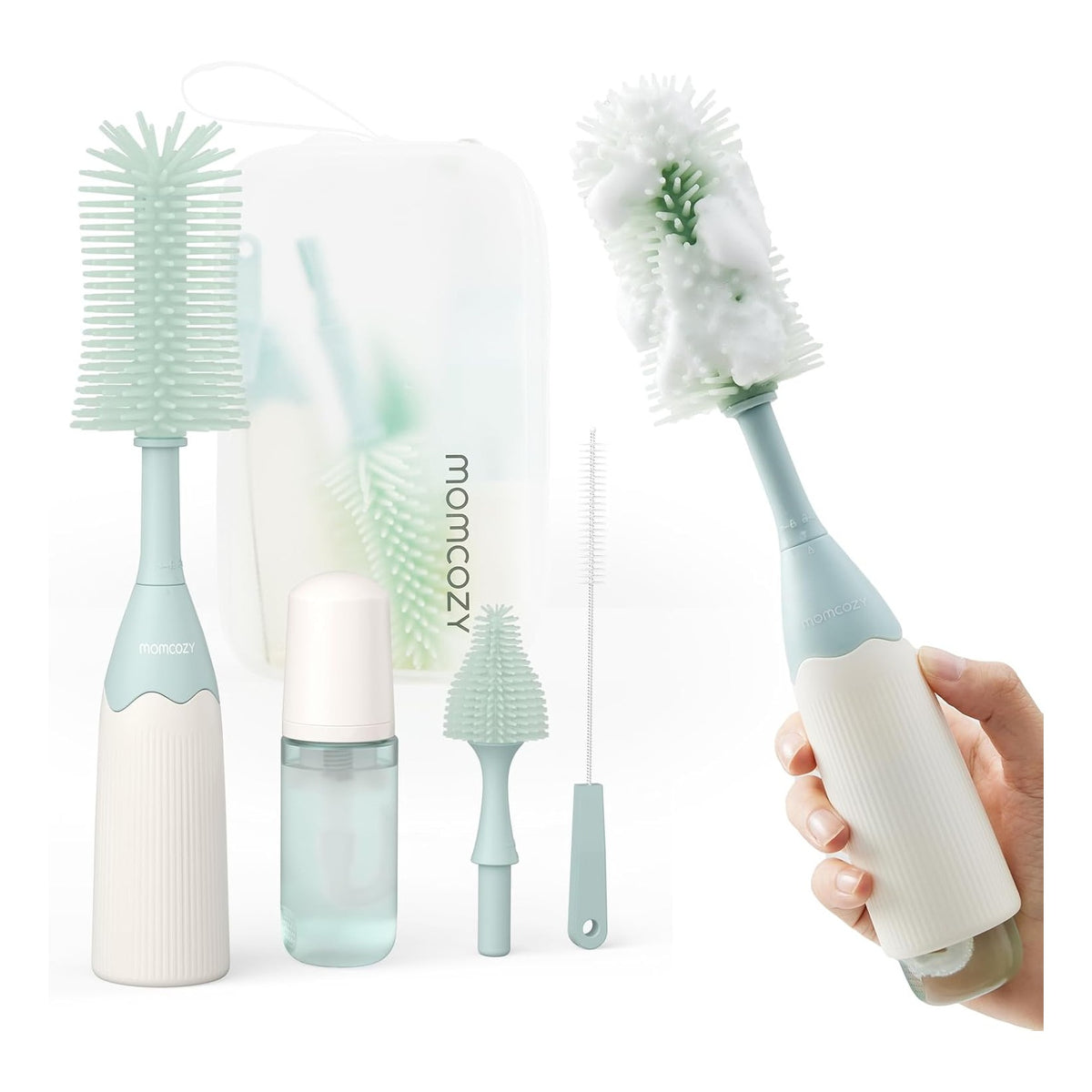 Bottle Brush Kit with Push-Press Foam Design - Newborn Essentials Gift, Portable Cleaning Tool for Home & Travel, Baby Bottle Cleaner Brush for Breast Pumps & Nipples