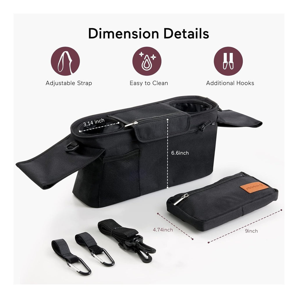Universal Stroller Organizer with Insulated Cup Holder Detachable Phone Bag & Shoulder Strap, Fits for Stroller Like Uppababy, Baby Jogger, Britax, BOB, Umbrella and Pet Stroller