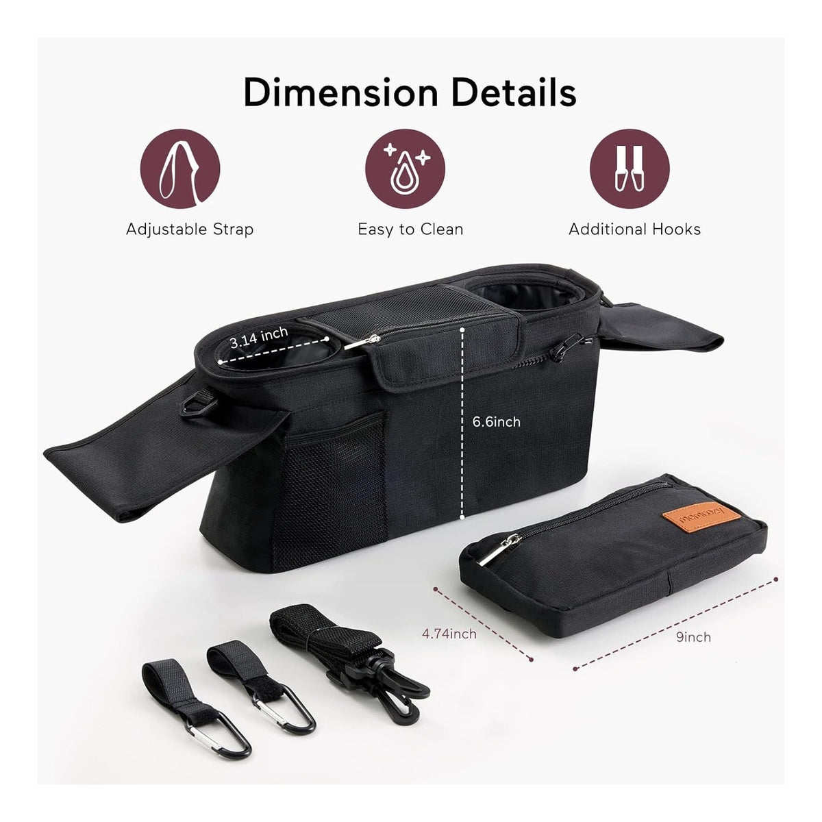 Universal Stroller Organizer with Insulated Cup Holder Detachable Phone Bag & Shoulder Strap, Fits for Stroller Like Uppababy, Baby Jogger, Britax, BOB, Umbrella and Pet Stroller