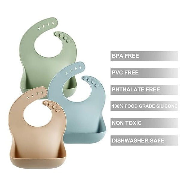 Set of 3 Silicone Baby Bibs Waterproof, Soft, Unisex, 10-72 Months