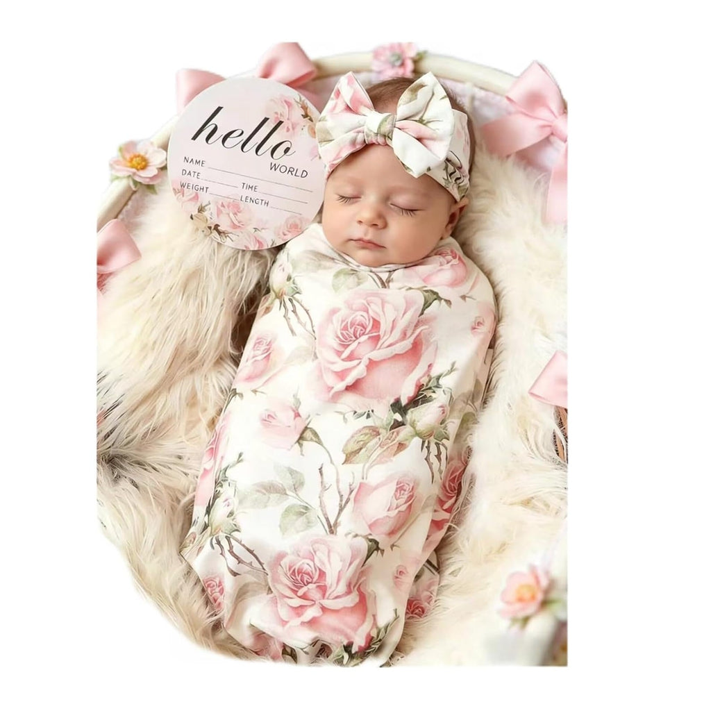 Newborn Receiving Blanket Headband Set Baby Flower Swaddle
