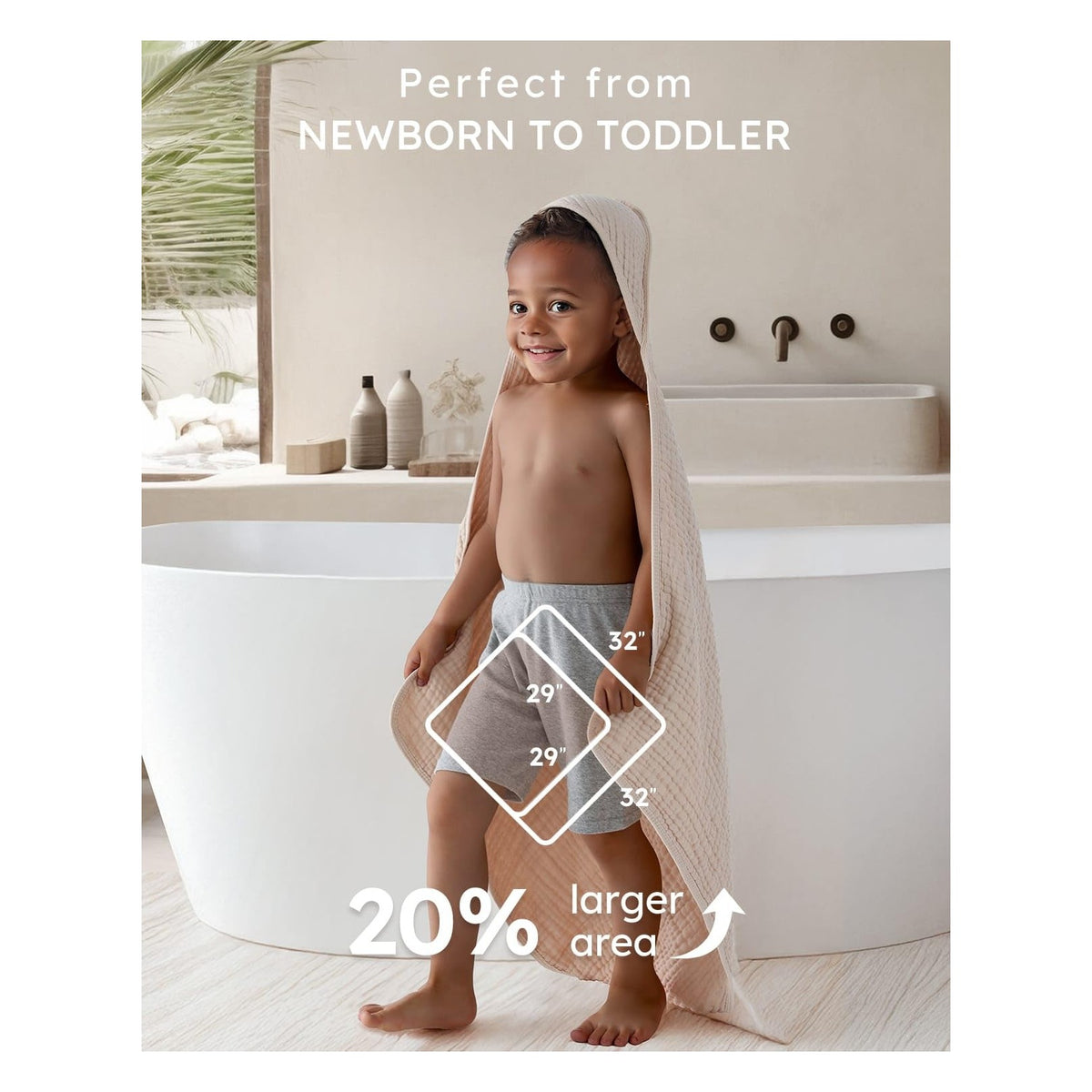 Hooded Baby Towels for Newborn 2 Pack 100% Muslin Organic Cotton Baby Bath Towel with Hood for Babies, Infant, Toddler and Kids, 32x32Inch, Soft and Absorbent Newborn Essential, Beige&Coffee
