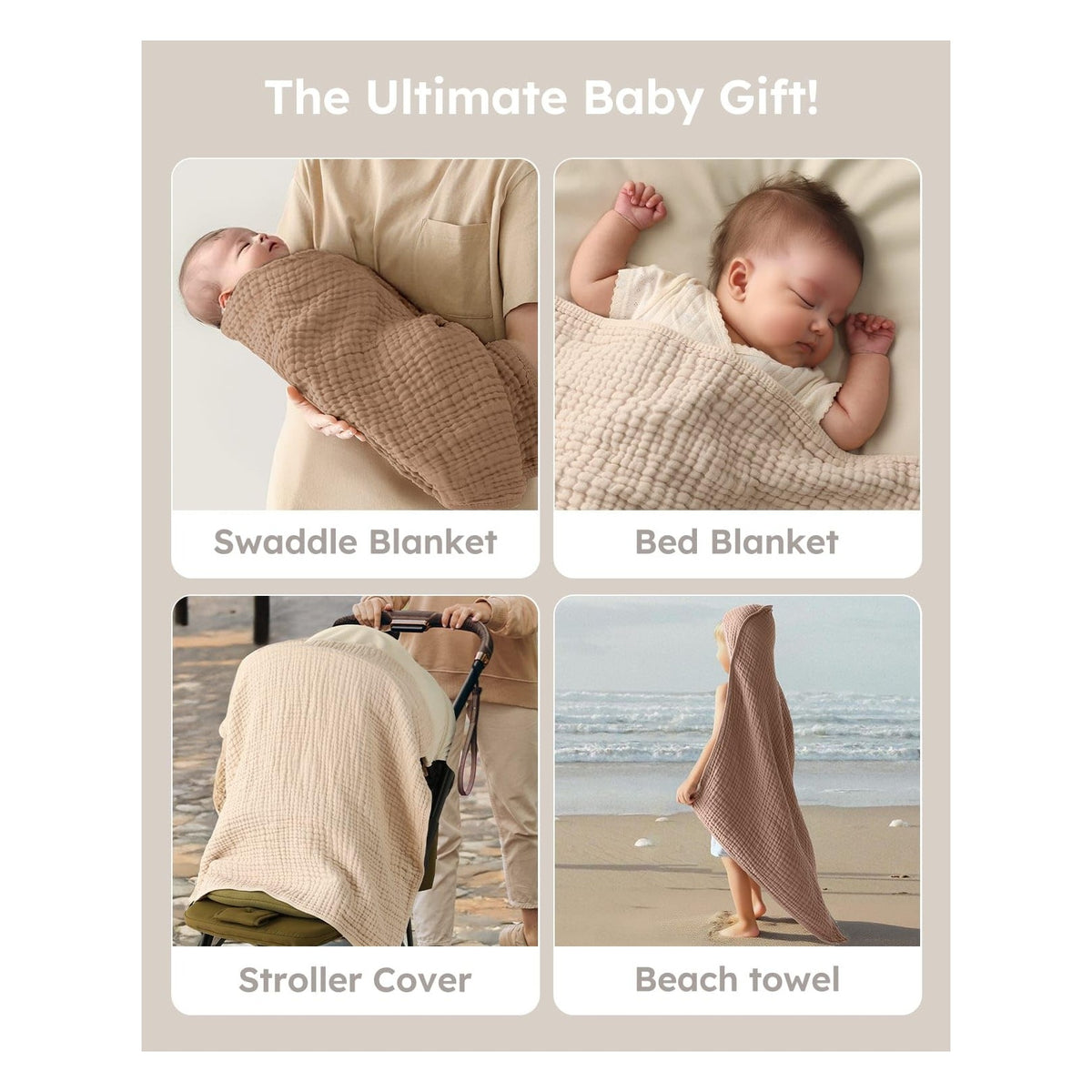 Hooded Baby Towels for Newborn 2 Pack 100% Muslin Organic Cotton Baby Bath Towel with Hood for Babies, Infant, Toddler and Kids, 32x32Inch, Soft and Absorbent Newborn Essential, Beige&Coffee