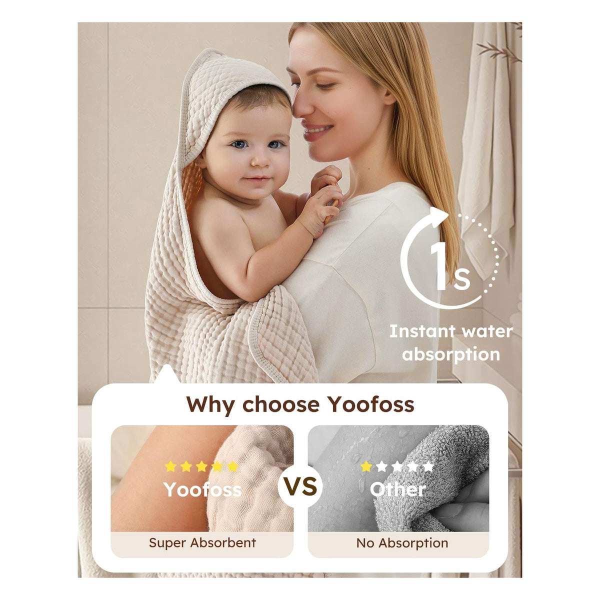 Hooded Baby Towels for Newborn 2 Pack 100% Muslin Organic Cotton Baby Bath Towel with Hood for Babies, Infant, Toddler and Kids, 32x32Inch, Soft and Absorbent Newborn Essential, Beige&Coffee