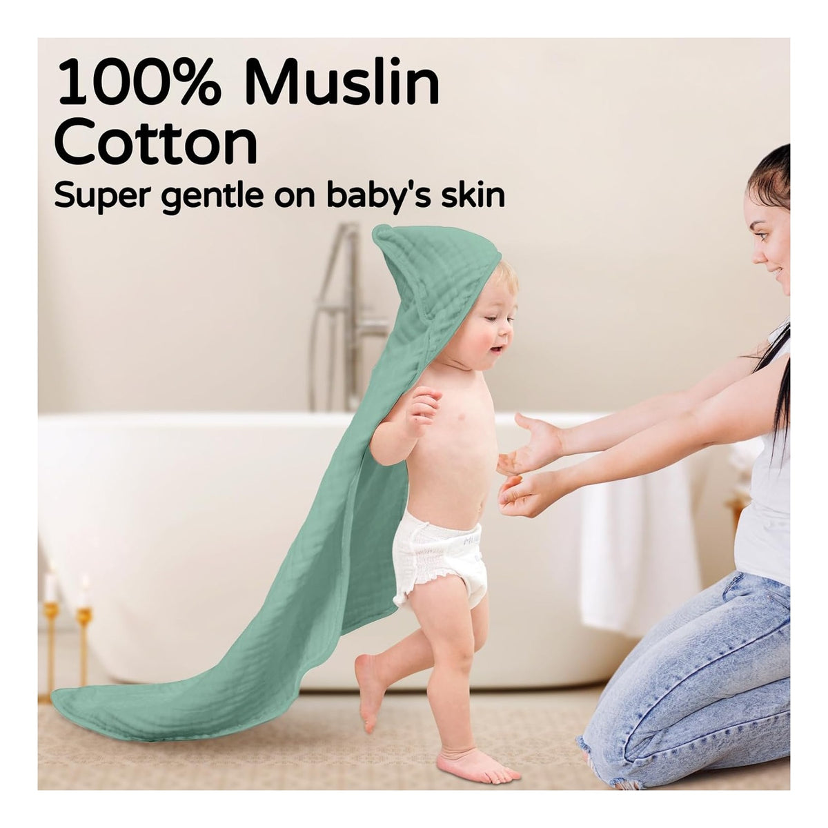 Hooded Baby Towels for Newborn 2 Pack 100% Muslin Organic Cotton Baby Bath Towel with Hood for Babies, Infant, Toddler and Kids, 32x32Inch, Soft and Absorbent Newborn Essential, Green Elephant