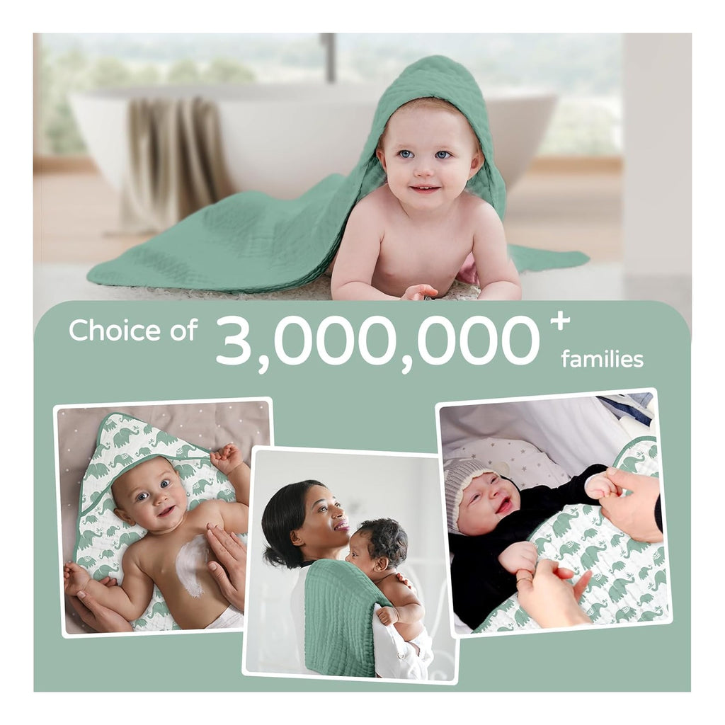 Hooded Baby Towels for Newborn 2 Pack 100% Muslin Organic Cotton Baby Bath Towel with Hood for Babies, Infant, Toddler and Kids, 32x32Inch, Soft and Absorbent Newborn Essential, Green Elephant