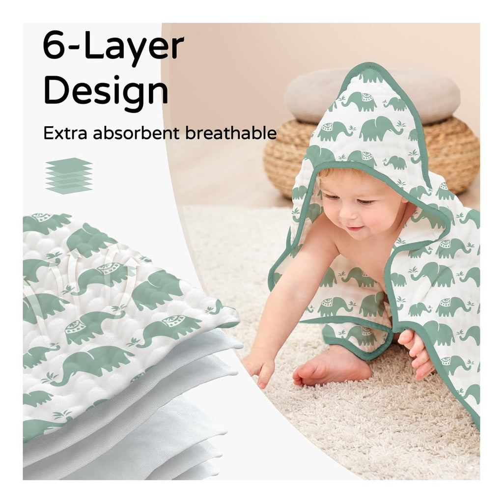 Hooded Baby Towels for Newborn 2 Pack 100% Muslin Organic Cotton Baby Bath Towel with Hood for Babies, Infant, Toddler and Kids, 32x32Inch, Soft and Absorbent Newborn Essential, Green Elephant
