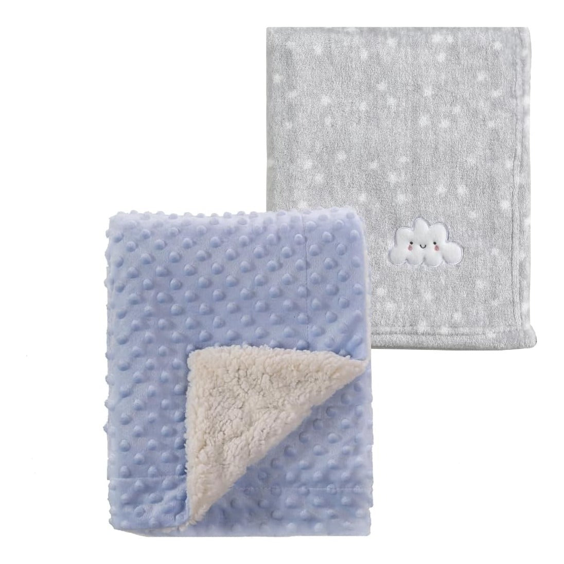 2Pcs 30''X40'' Cute Cozy Fluffy Warm Baby Blankets for Infants Toddlers' Bedding Crib Cot Stroller - Grey Cloud + Blue Sherpa