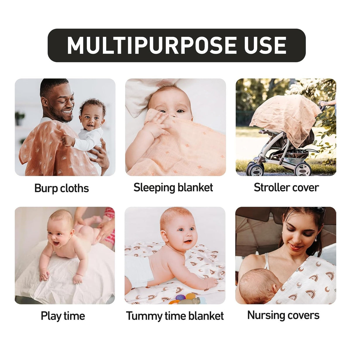 BABY Receiving Blanket Boy Cotton Muslin Swaddle Blankets Girl Newborn Squares Breathable & Soft Thin Baby Blankets Cloths Double Absorbent Infant Swaddling Wrap - 6 Pack