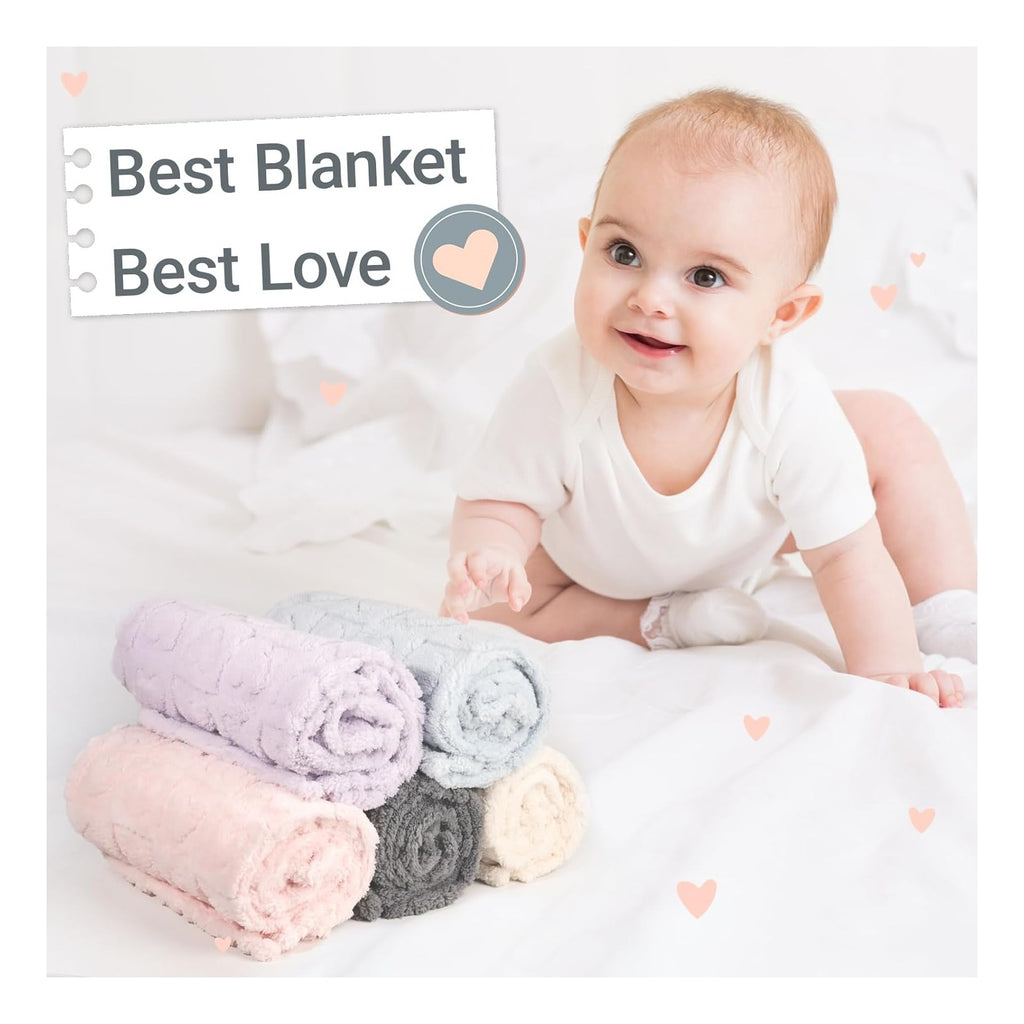 5 Pcs Baby Blanket Heart Checkered Ultra Soft Gift-Ready Plush for Newborns, Nursery & Stroller 30"x40" Beige Gray Blue Purple Light Pink